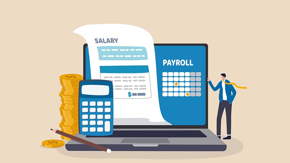 An image of a laptop, a calculator and a payslip